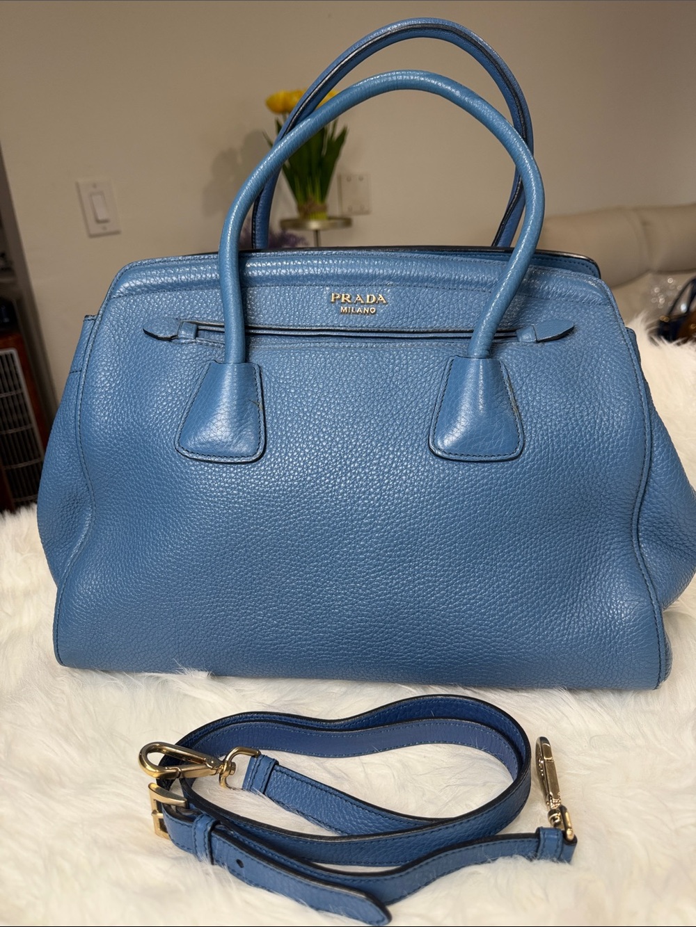 Prada Blue Pebbled Leather Two-Way Satchel Shoulder Bag - Picture 14 of 14
